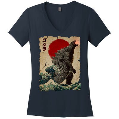 Vintage Japanese Godzilla Great Wave Poster Women's V-Neck T-Shirt