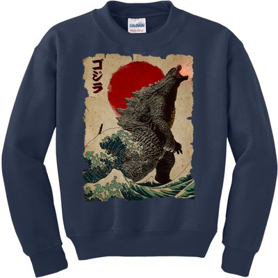 Vintage Japanese Godzilla Great Wave Poster Kids Sweatshirt