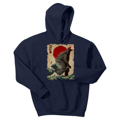 Vintage Japanese Godzilla Great Wave Poster Kids Hoodie