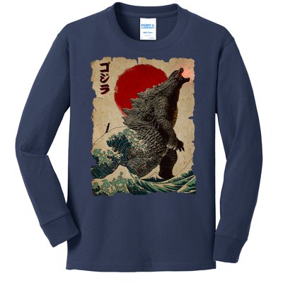 Vintage Japanese Godzilla Great Wave Poster Kids Long Sleeve Shirt