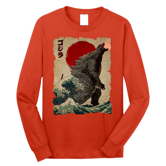 Vintage Japanese Godzilla Great Wave Poster Long Sleeve Shirt