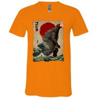 Vintage Japanese Godzilla Great Wave Poster V-Neck T-Shirt