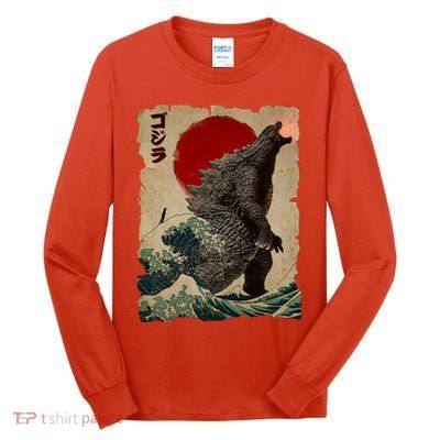 Vintage Japanese Monster Great Wave Poster Tall Long Sleeve T-Shirt