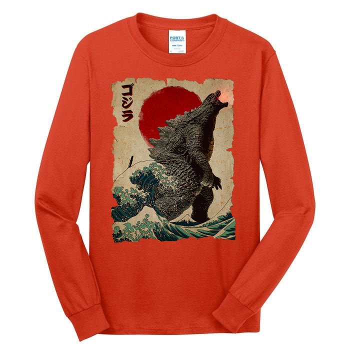 Vintage Japanese Godzilla Great Wave Poster Tall Long Sleeve T-Shirt