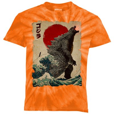 Vintage Japanese Godzilla Great Wave Poster Kids Tie-Dye T-Shirt