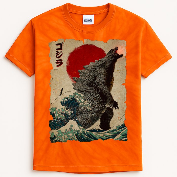 Vintage Japanese Godzilla Great Wave Poster Kids Tie-Dye T-Shirt