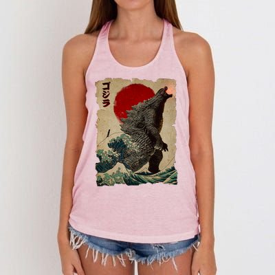 Vintage Japanese Godzilla Great Wave Poster Women's Knotted Racerback Tank