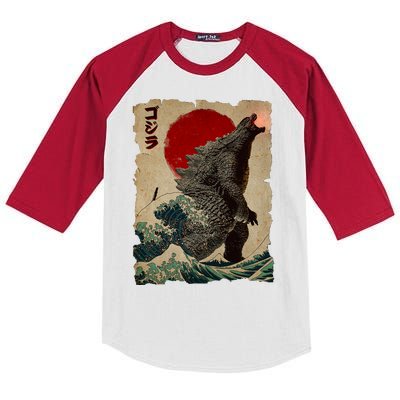 Vintage Japanese Godzilla Great Wave Poster Kids Colorblock Raglan Jersey