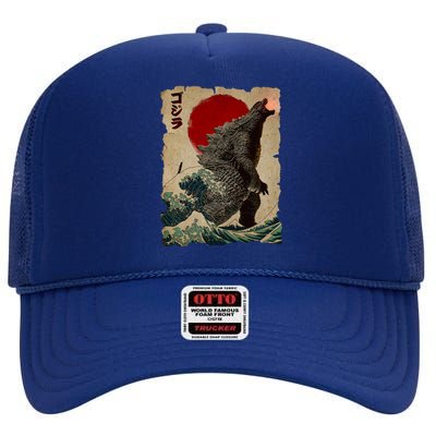 Vintage Japanese Godzilla Great Wave Poster High Crown Mesh Back Trucker Hat