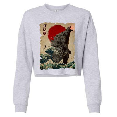 Vintage Japanese Godzilla Great Wave Poster Cropped Pullover Crew