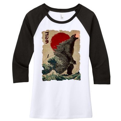 Vintage Japanese Godzilla Great Wave Poster Women's Tri-Blend 3/4-Sleeve Raglan Shirt