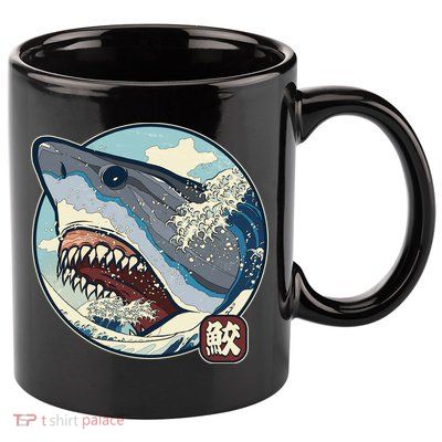 Vintage Japanese Great Wave Shark Attack 11oz C Handle Ceramic Mug
