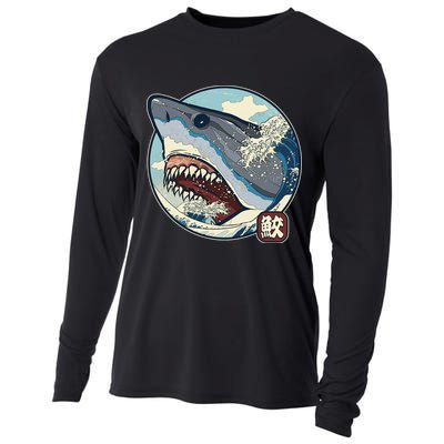 Vintage Japanese Great Wave Shark Attack Cooling Performance Long Sleeve Crew