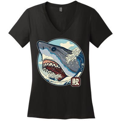 Vintage Japanese Great Wave Shark Attack Women's V-Neck T-Shirt