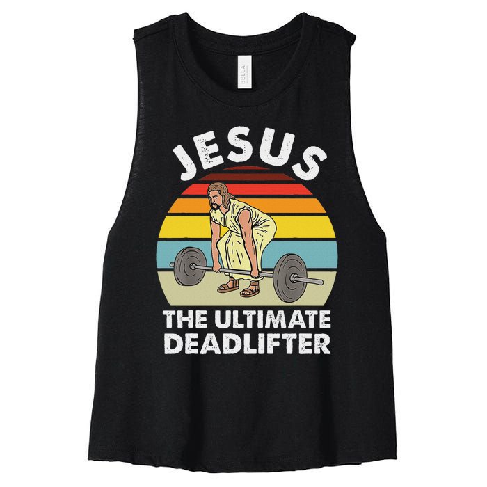 Vintage Jesus He Ultimate Deadlifter Funny Gym Bodybuliding Women's Racerback Cropped Tank