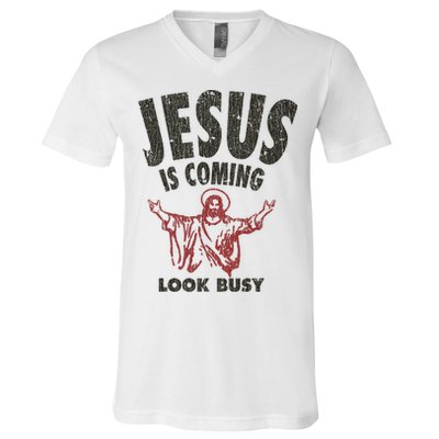 Vintage Jesus Is Coming Look Busy 1992 V-Neck T-Shirt