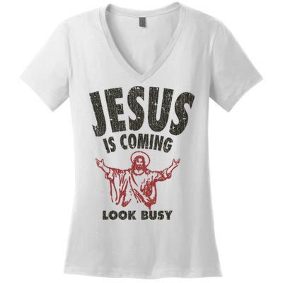 Vintage Jesus Is Coming Look Busy 1992 Women's V-Neck T-Shirt
