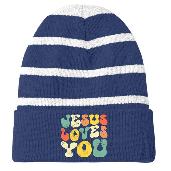 Vintage Jesus Loves You Jesus Christian Striped Beanie with Solid Band