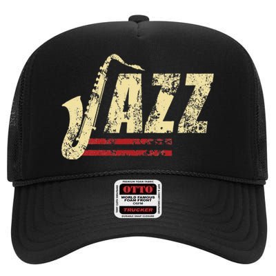 Vintage Jazz Lovers Music Band Player Saxophone High Crown Mesh Back Trucker Hat