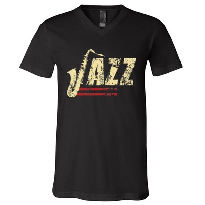 Vintage Jazz Lovers Music Band Player Saxophone V-Neck T-Shirt