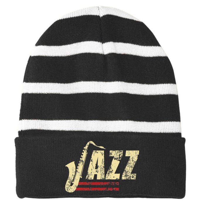 Vintage Jazz Lovers Music Band Player Saxophone Striped Beanie with Solid Band