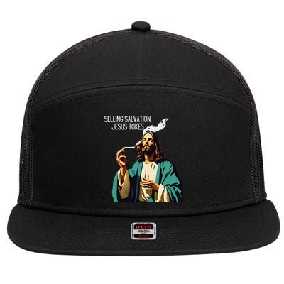 Vintage Jesus Meme Selling Salvation God Smoking Christ 7 Panel Mesh Trucker Snapback Hat