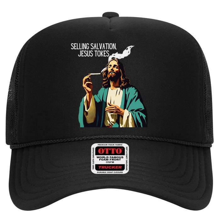 Vintage Jesus Meme Selling Salvation God Smoking Christ High Crown Mesh Back Trucker Hat