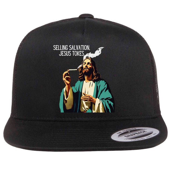 Vintage Jesus Meme Selling Salvation God Smoking Christ Flat Bill Trucker Hat