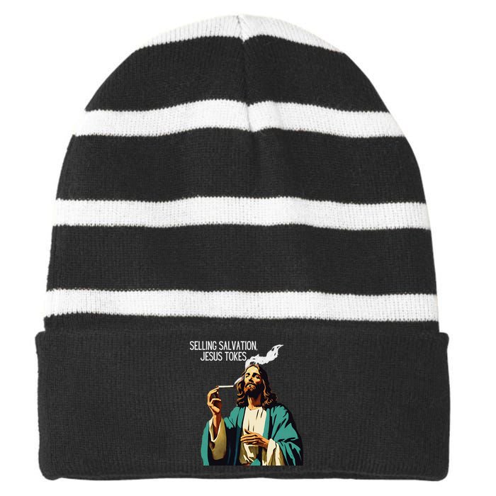 Vintage Jesus Meme Selling Salvation God Smoking Christ Striped Beanie with Solid Band