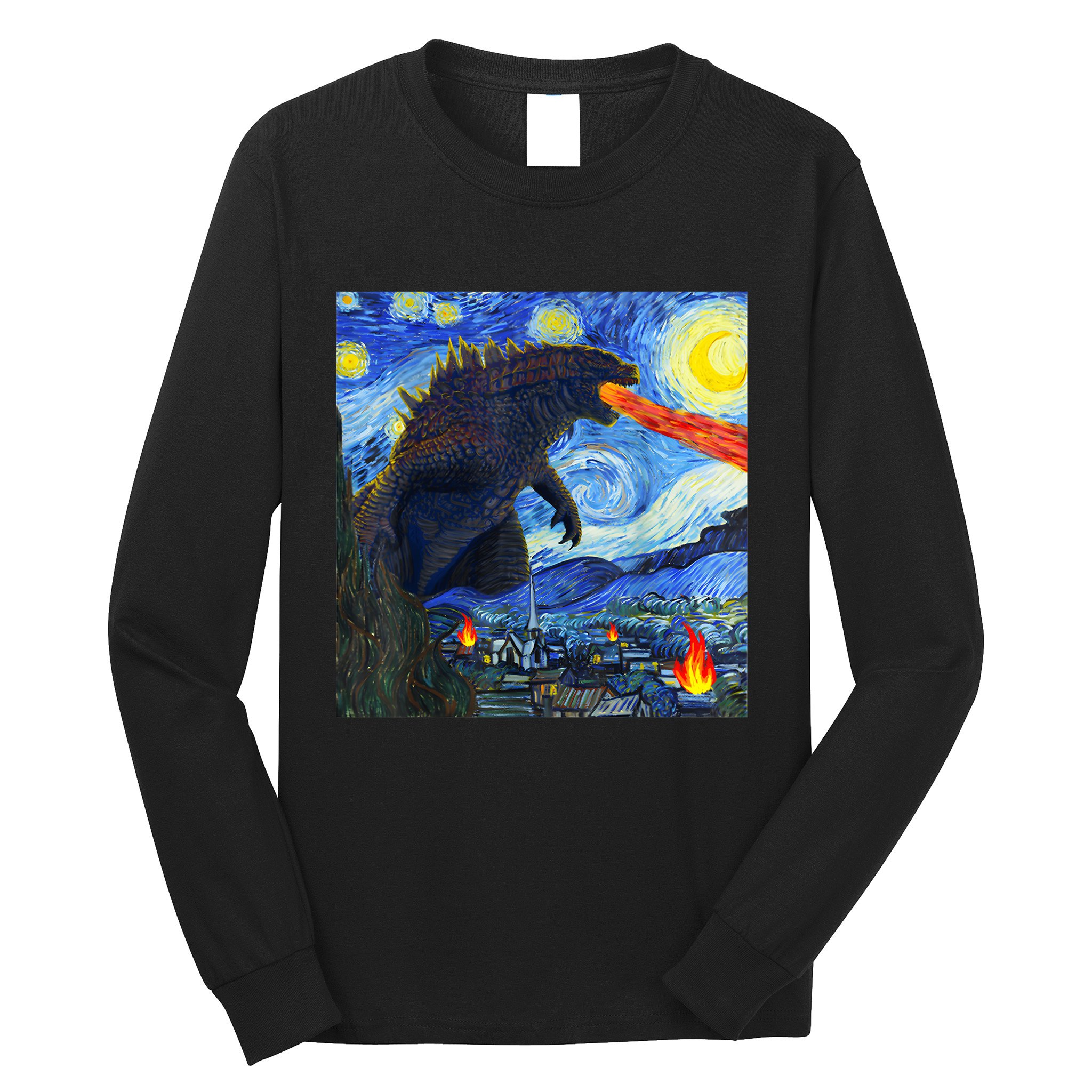 Vintage Japanese Monster Kaiju In Van Gogh Starry Night Long Sleeve Shirt
