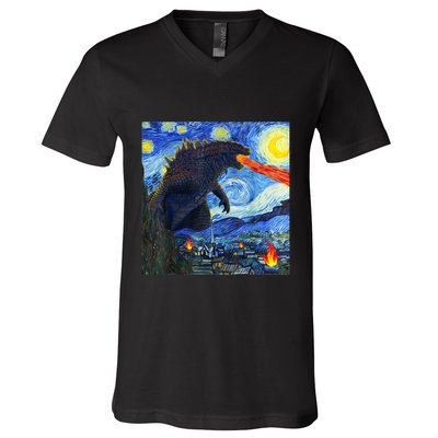 Vintage Japanese Monster Kaiju In Van Gogh Starry Night V-Neck T-Shirt