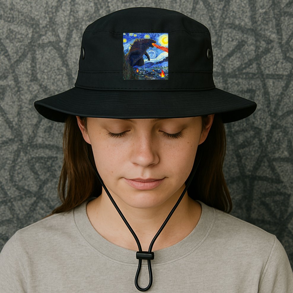 Vintage Japanese Monster Kaiju In Van Gogh Starry Night Bucket Hat