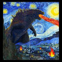 Vintage Japanese Monster Kaiju In Van Gogh Starry Night Bucket Hat