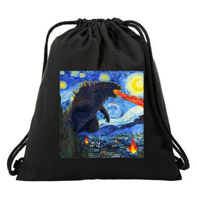 Vintage Japanese Monster Kaiju In Van Gogh Starry Night Drawstring Bag