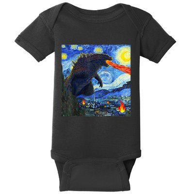 Vintage Japanese Monster Kaiju In Van Gogh Starry Night Baby Bodysuit