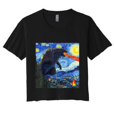 Vintage Japanese Monster Kaiju In Van Gogh Starry Night Crop Top