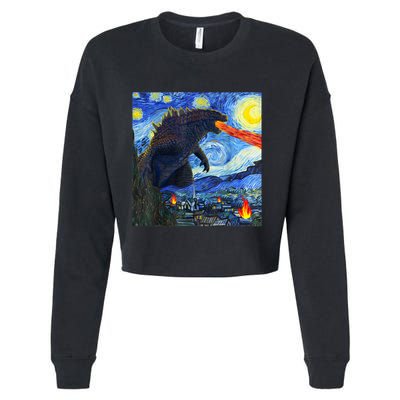 Vintage Japanese Monster Kaiju In Van Gogh Starry Night Cropped Pullover Crew