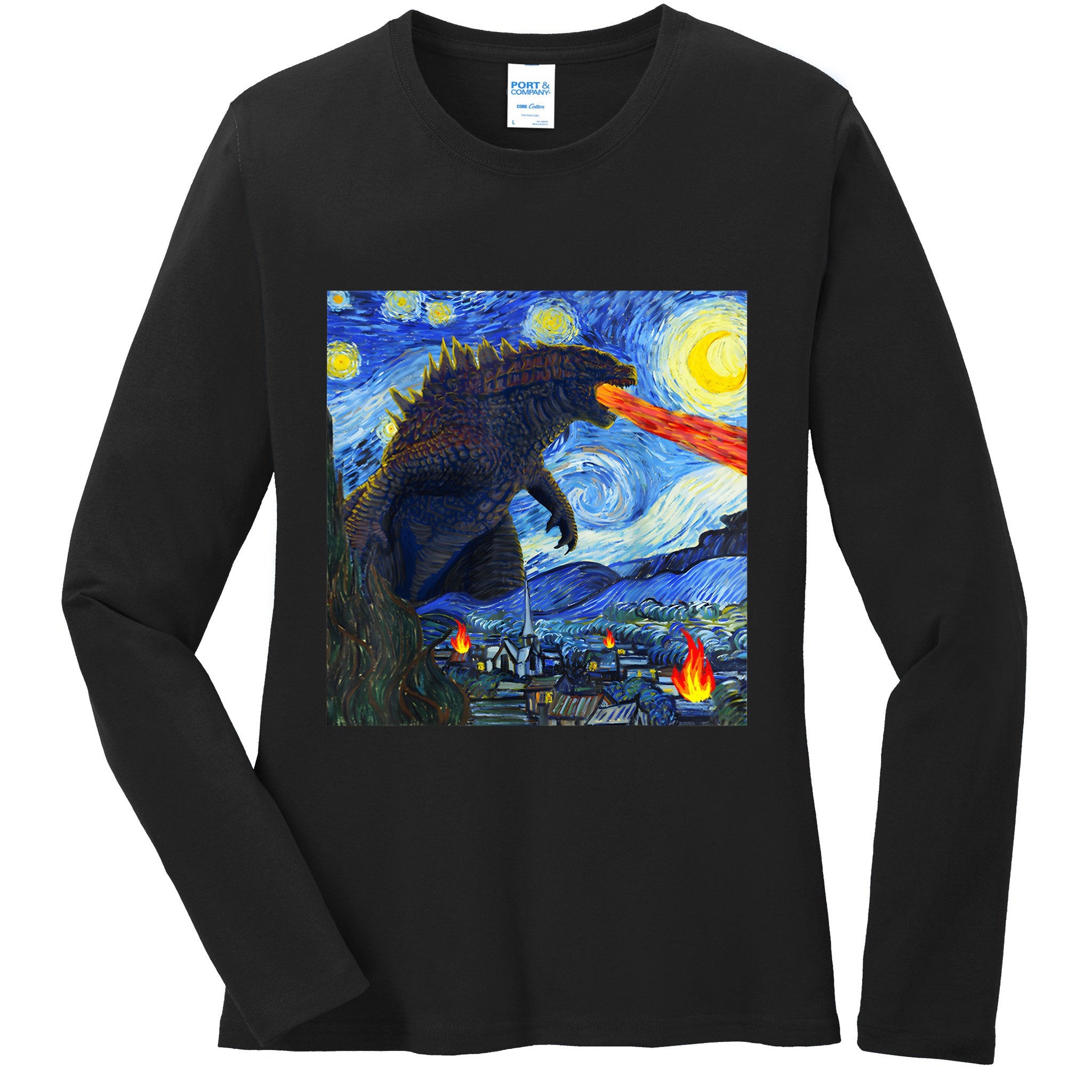 Vintage Japanese Monster Kaiju In Van Gogh Starry Night Ladies Long Sleeve Shirt