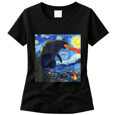 Vintage Japanese Monster Kaiju In Van Gogh Starry Night Womens T-Shirt