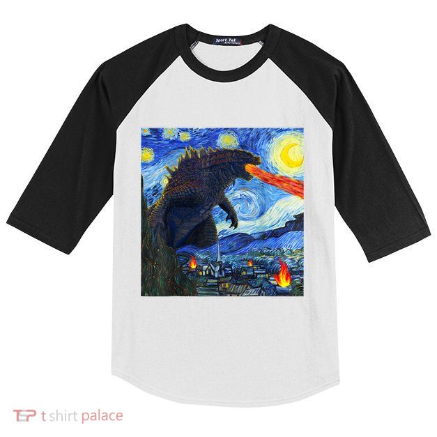Vintage Japanese Monster Kaiju In Van Gogh Starry Night Kids Colorblock Raglan Jersey