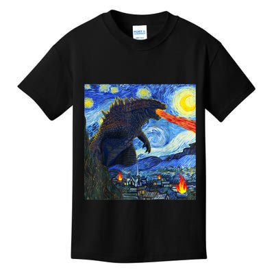 Vintage Japanese Monster Kaiju In Van Gogh Starry Night Kids T-Shirt