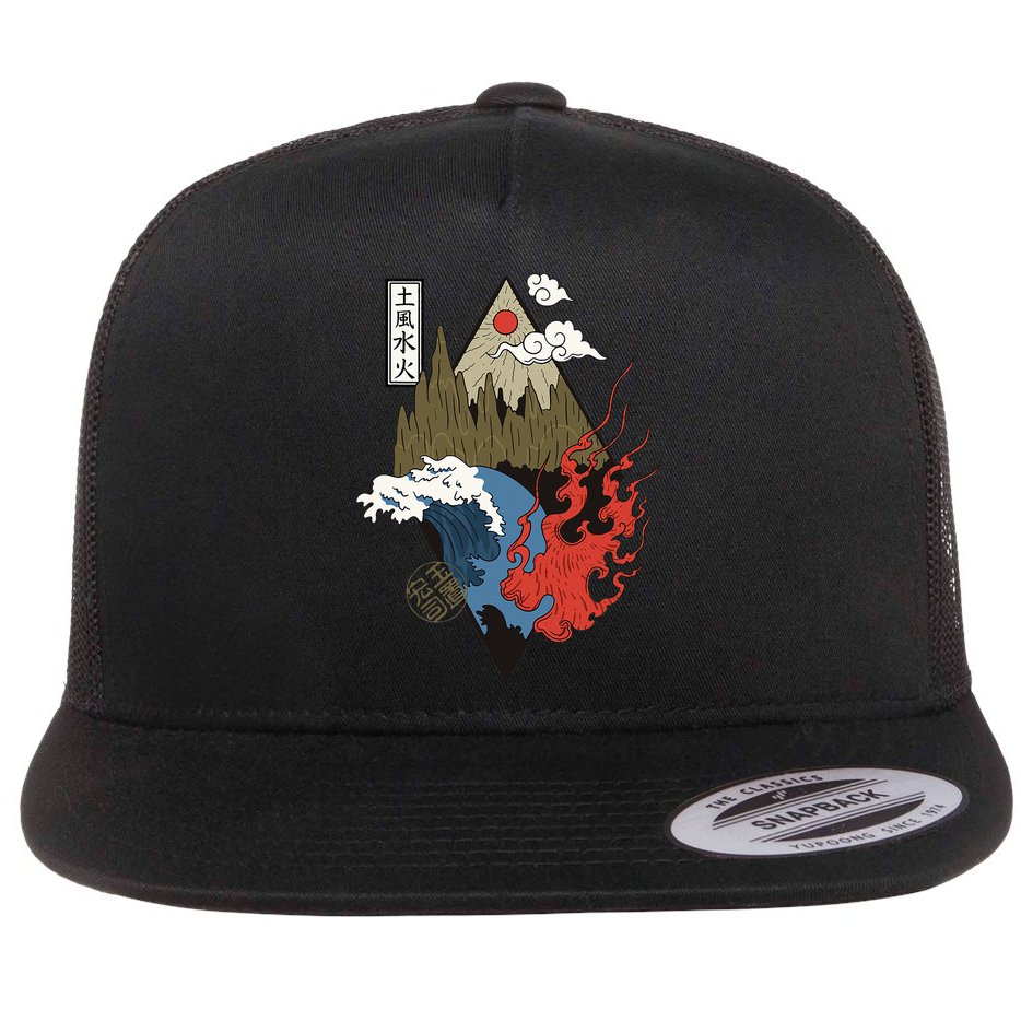 vintage Japanese Nature Elements Art Spiritual nature  Flat Bill Trucker Hat