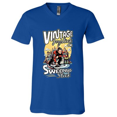 Vintage Joystick Or Sweeping Stick Gamer Funny Curling Gift V-Neck T-Shirt
