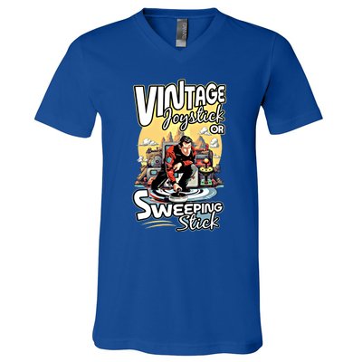 Vintage Joystick Or Sweeping Stick Gamer Funny Curling Gift V-Neck T-Shirt