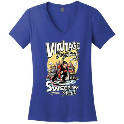 Vintage Joystick Or Sweeping Stick Gamer Funny Curling Gift Women's V-Neck T-Shirt
