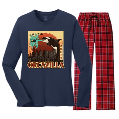 Vintage Japanese Orcazilla Poster Women's Long Sleeve Flannel Pajama Set 