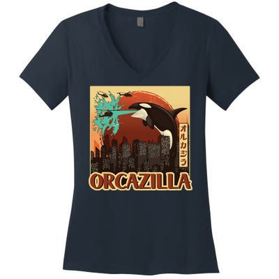 Vintage Japanese Orcazilla Poster Women's V-Neck T-Shirt