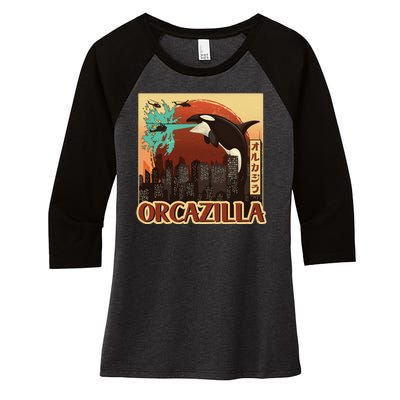 Vintage Japanese Orcazilla Poster Women's Tri-Blend 3/4-Sleeve Raglan Shirt