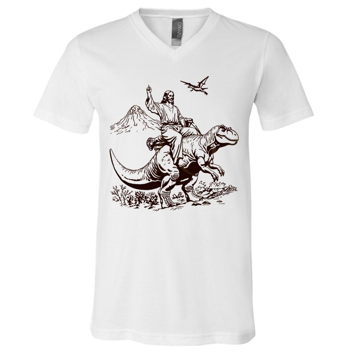 Vintage Jesus Riding Dinosaur 90s V-Neck T-Shirt