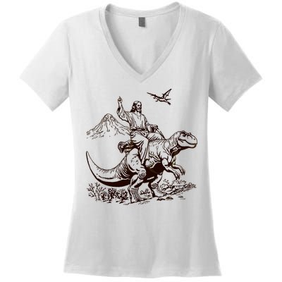 Vintage Jesus Riding Dinosaur 90s Women's V-Neck T-Shirt